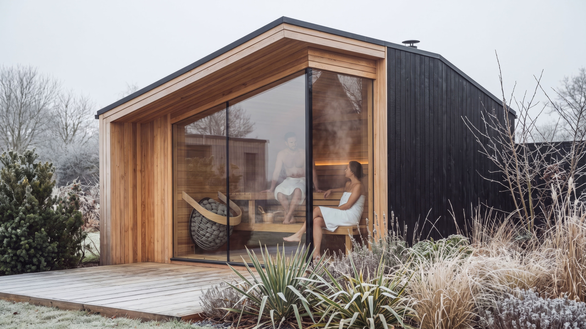 Contemporary Löyly&Stone outdoor sauna with cedar and black timber cladding, glass front, and two guests relaxing inside a frost-kissed garden setting