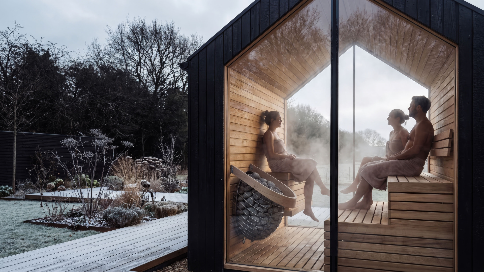 Charred timber gable-roofed Löyly&Stone sauna with full-height glazing, three people relaxing in the cedar interior on a frosty morning