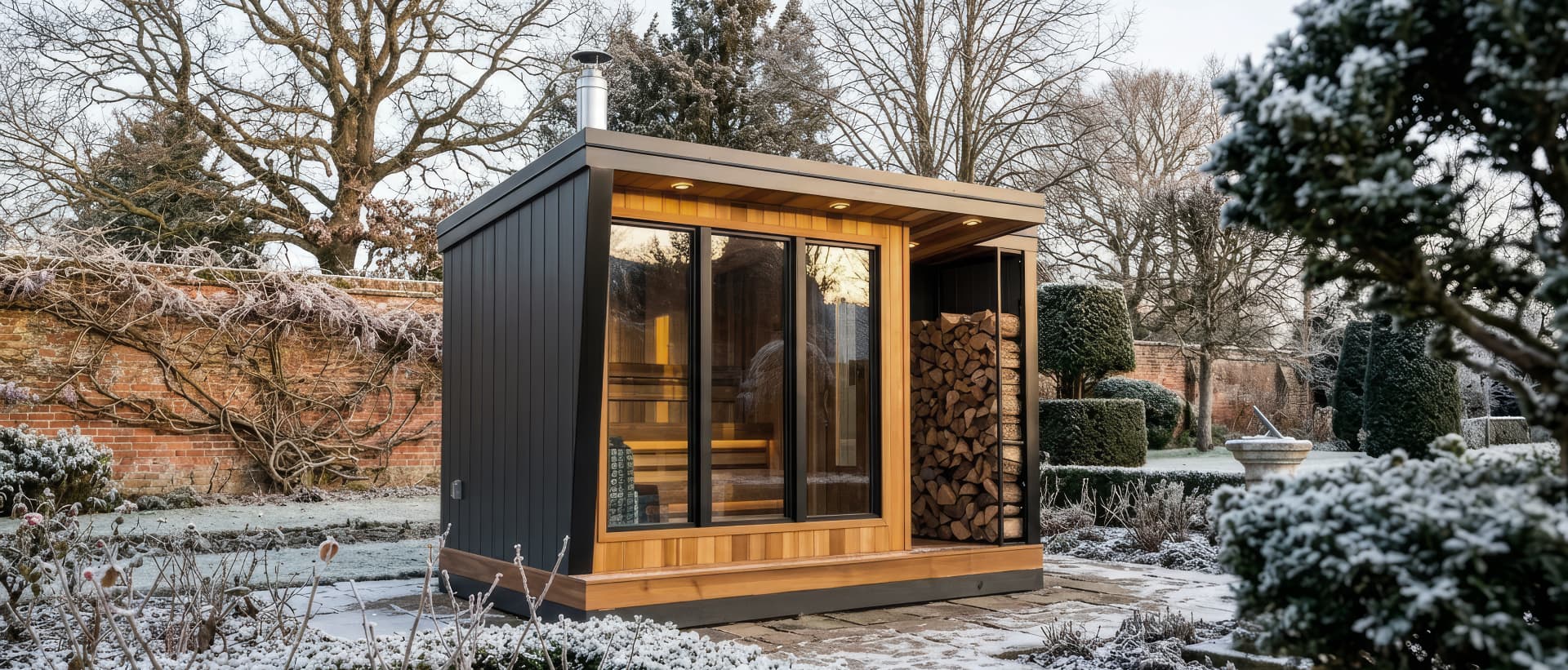 Bespoke Löyly&Stone outdoor sauna in cedar and charred timber, glass front and log store, in a frosted walled garden