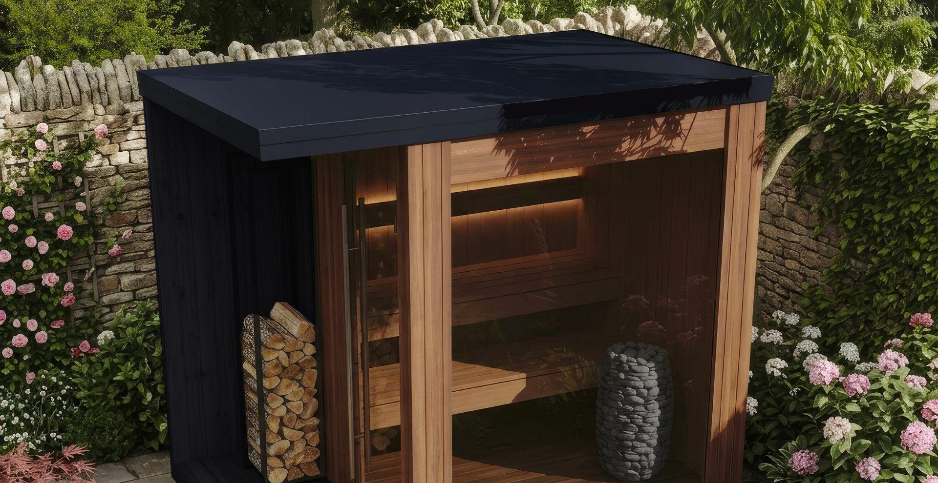 Bespoke charred timber Löyly&Stone sauna with cedar interior and exterior log store in an English walled garden