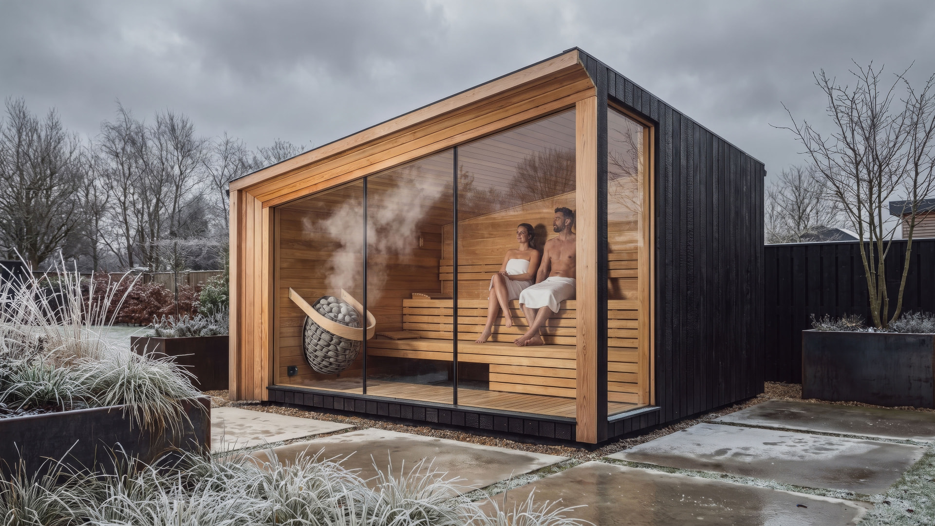 Modern black-clad Löyly&Stone garden sauna with wide glass front and steam rising from the heater stones, couple seated inside