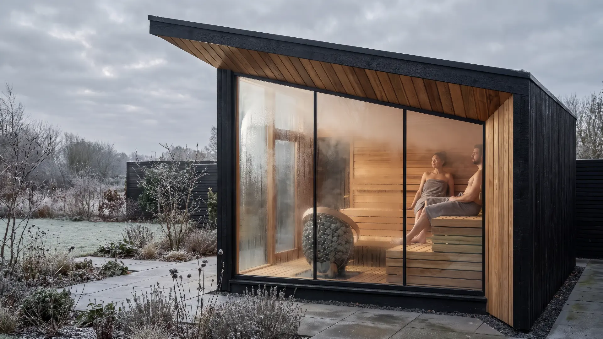 Sloped-roof charred timber Löyly&Stone outdoor sauna with misted glazing, couple seated in the warm cedar interior beside a frosted garden